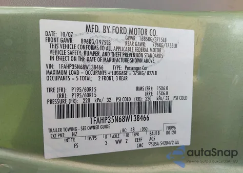 2008 Ford Focus Se/Ses из США, поврежденный, VIN 1FAHP35N68W138466